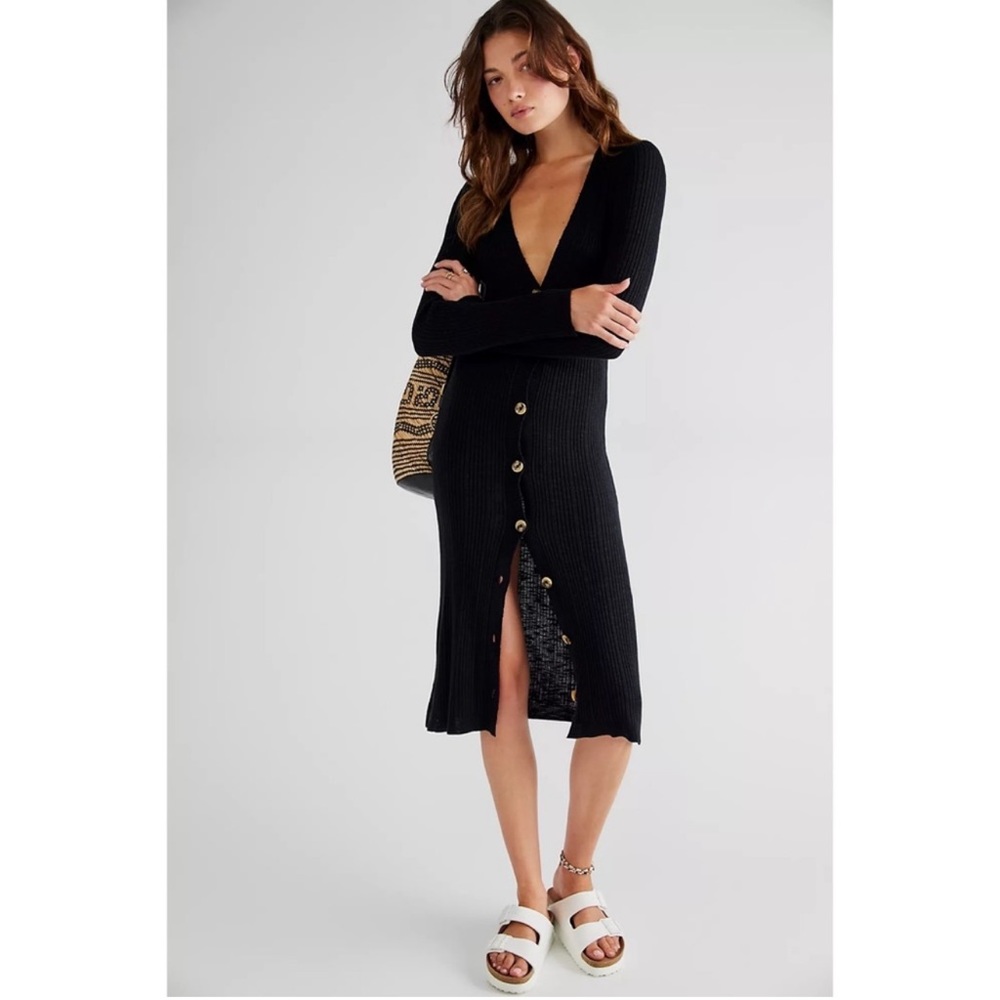 Free People Black Ribbed Button-Front Midi Dress